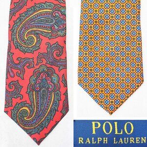 Polo Ralph Lauren Mens Set of 2 Paisley Circle Neck Tie Ties Silk Orange Red